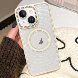 For iPhone 14 Diamond Lens Frame MagSafe Wave Texture Clear Phone Case(Creamy White)