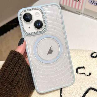 For iPhone 14 Diamond Lens Frame MagSafe Wave Texture Clear Phone Case(Blue)