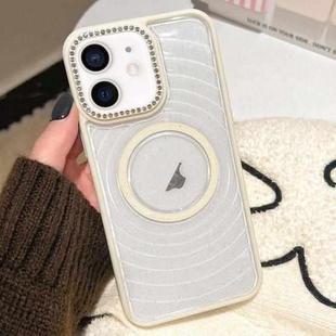 For iPhone 11 Diamond Lens Frame MagSafe Wave Texture Clear Phone Case(Creamy White)