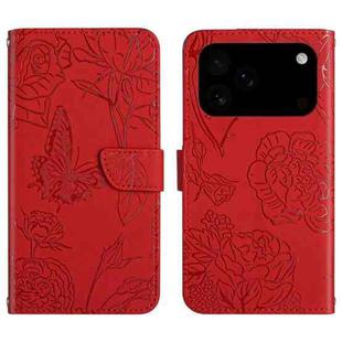 For iPhone 17 Pro Max Skin Feel Butterfly Embossed Flip Leather Phone Case(Red)