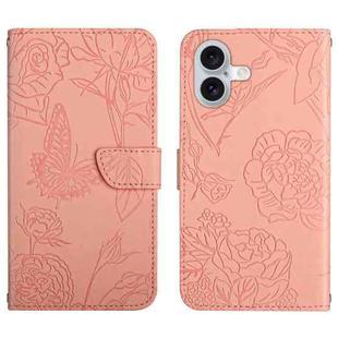 For iPhone 17 Skin Feel Butterfly Embossed Flip Leather Phone Case(Pink)