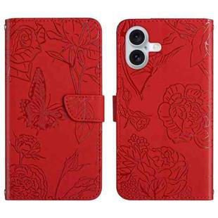For iPhone 17 Skin Feel Butterfly Embossed Flip Leather Phone Case(Red)