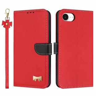For iPhone 16e Metal Bow Leather Phone Case with Hand Strap(Red)