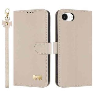 For iPhone 16e Metal Bow Leather Phone Case with Hand Strap(Apricot)