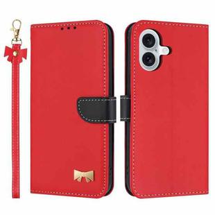 For iPhone 16 Plus Metal Bow Leather Phone Case with Hand Strap(Red)