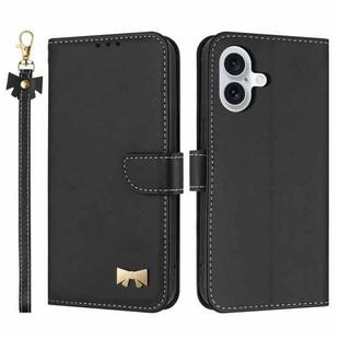 For iPhone 16 Plus Metal Bow Leather Phone Case with Hand Strap(Black)
