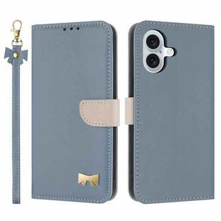 For iPhone 16 Plus Metal Bow Leather Phone Case with Hand Strap(Light Blue)