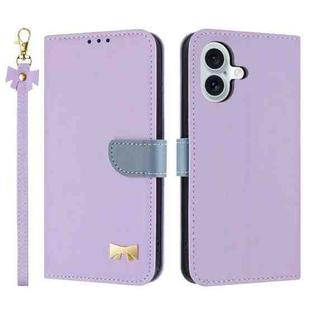 For iPhone 16 Metal Bow Leather Phone Case with Hand Strap(Purple)