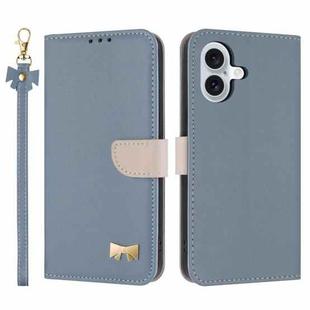For iPhone 16 Metal Bow Leather Phone Case with Hand Strap(Light Blue)