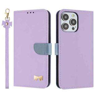 For iPhone 15 Pro Max Metal Bow Leather Phone Case with Hand Strap(Purple)