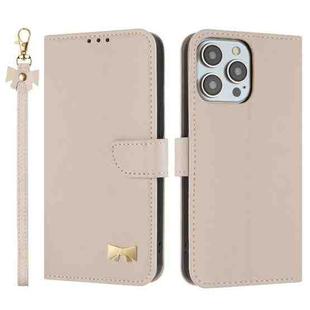 For iPhone 15 Pro Metal Bow Leather Phone Case with Hand Strap(Apricot)