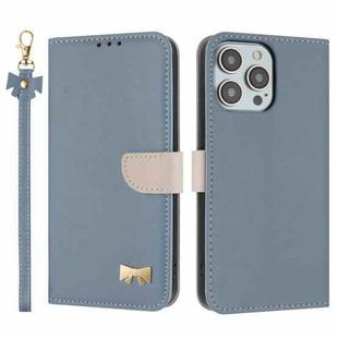 For iPhone 15 Pro Metal Bow Leather Phone Case with Hand Strap(Light Blue)