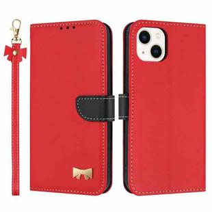 For iPhone 15 Plus / 14 Plus Metal Bow Leather Phone Case with Hand Strap(Red)