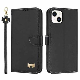 For iPhone 15 Plus / 14 Plus Metal Bow Leather Phone Case with Hand Strap(Black)
