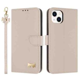 For iPhone 15 Plus / 14 Plus Metal Bow Leather Phone Case with Hand Strap(Apricot)