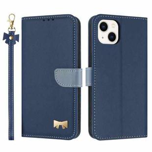 For iPhone 14 / 13 Metal Bow Leather Phone Case with Hand Strap(Dark Blue)