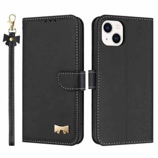 For iPhone 14 / 13 Metal Bow Leather Phone Case with Hand Strap(Black)