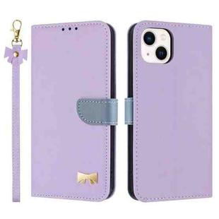 For iPhone 14 / 13 Metal Bow Leather Phone Case with Hand Strap(Purple)