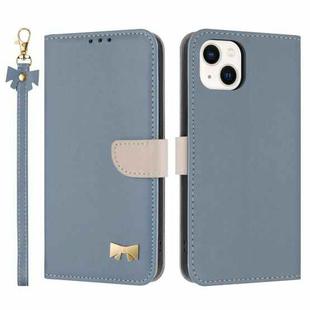 For iPhone 14 / 13 Metal Bow Leather Phone Case with Hand Strap(Light Blue)