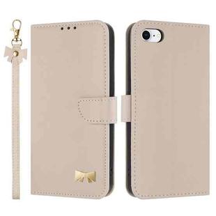 For iPhone 7 / 8 / SE 2022 Metal Bow Leather Phone Case with Hand Strap(Apricot)