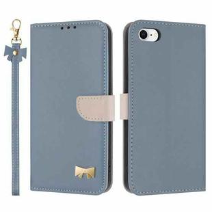 For iPhone 7 / 8 / SE 2022 Metal Bow Leather Phone Case with Hand Strap(Light Blue)