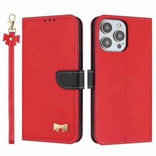 For iPhone 13 Pro Metal Bow Leather Phone Case with Hand Strap(Red)