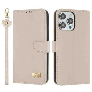 For iPhone 13 Pro Metal Bow Leather Phone Case with Hand Strap(Apricot)