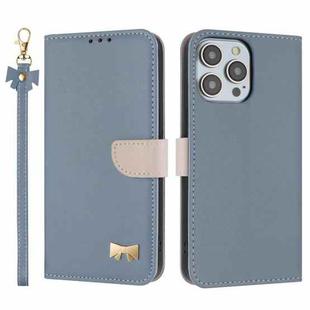 For iPhone 13 Pro Metal Bow Leather Phone Case with Hand Strap(Light Blue)