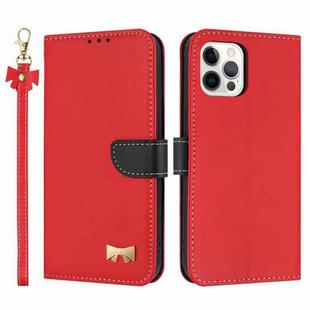 For iPhone 12 / 12 Pro Metal Bow Leather Phone Case with Hand Strap(Red)