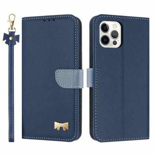 For iPhone 12 / 12 Pro Metal Bow Leather Phone Case with Hand Strap(Dark Blue)