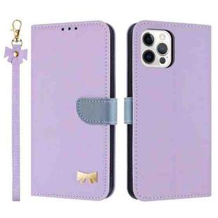 For iPhone 12 / 12 Pro Metal Bow Leather Phone Case with Hand Strap(Purple)