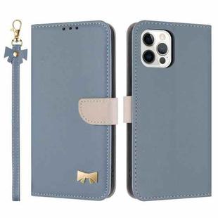 For iPhone 12 / 12 Pro Metal Bow Leather Phone Case with Hand Strap(Light Blue)
