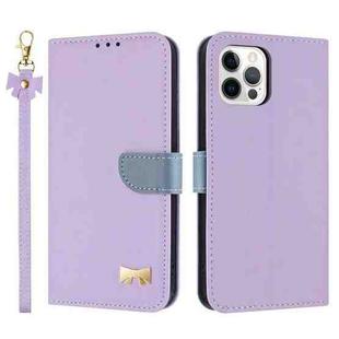 For iPhone 12 Pro Max Metal Bow Leather Phone Case with Hand Strap(Purple)