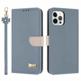 For iPhone 12 Pro Max Metal Bow Leather Phone Case with Hand Strap(Light Blue)