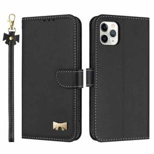 For iPhone 11 Pro Max Metal Bow Leather Phone Case with Hand Strap(Black)