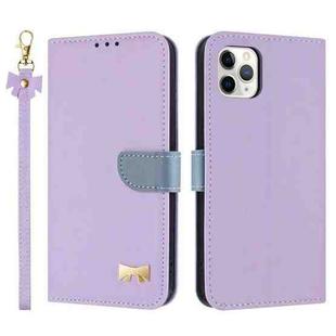For iPhone 11 Pro Max Metal Bow Leather Phone Case with Hand Strap(Purple)