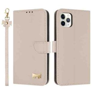 For iPhone 11 Pro Max Metal Bow Leather Phone Case with Hand Strap(Apricot)