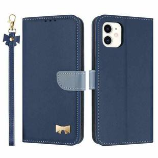 For iPhone 11 Metal Bow Leather Phone Case with Hand Strap(Dark Blue)