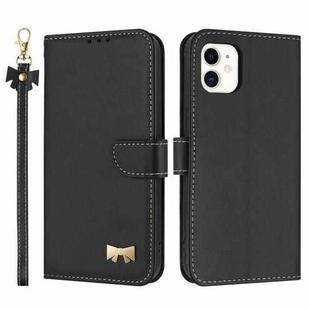 For iPhone 11 Metal Bow Leather Phone Case with Hand Strap(Black)