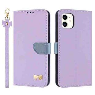 For iPhone 11 Metal Bow Leather Phone Case with Hand Strap(Purple)