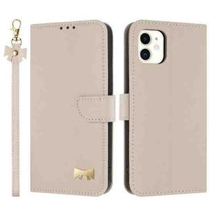 For iPhone 11 Metal Bow Leather Phone Case with Hand Strap(Apricot)