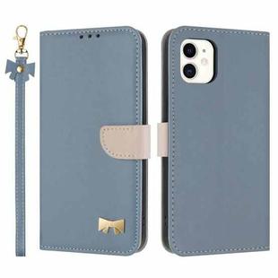 For iPhone 11 Metal Bow Leather Phone Case with Hand Strap(Light Blue)