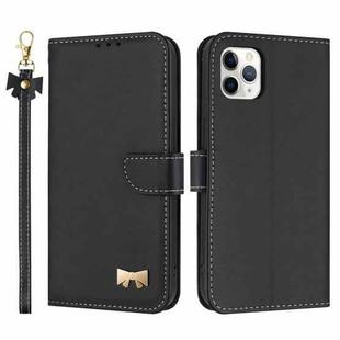 For iPhone 11 Pro Metal Bow Leather Phone Case with Hand Strap(Black)