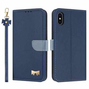 For iPhone X / XS Metal Bow Leather Phone Case with Hand Strap(Dark Blue)