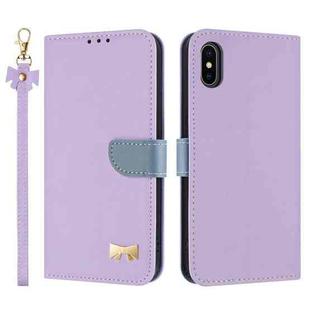 For iPhone X / XS Metal Bow Leather Phone Case with Hand Strap(Purple)