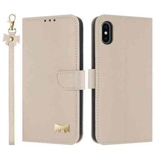 For iPhone X / XS Metal Bow Leather Phone Case with Hand Strap(Apricot)