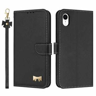 For iPhone XR Metal Bow Leather Phone Case with Hand Strap(Black)