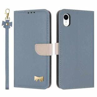 For iPhone XR Metal Bow Leather Phone Case with Hand Strap(Light Blue)