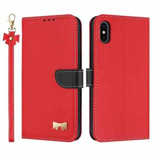 For iPhone XS Max Metal Bow Leather Phone Case with Hand Strap(Red)