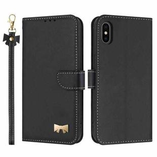 For iPhone XS Max Metal Bow Leather Phone Case with Hand Strap(Black)